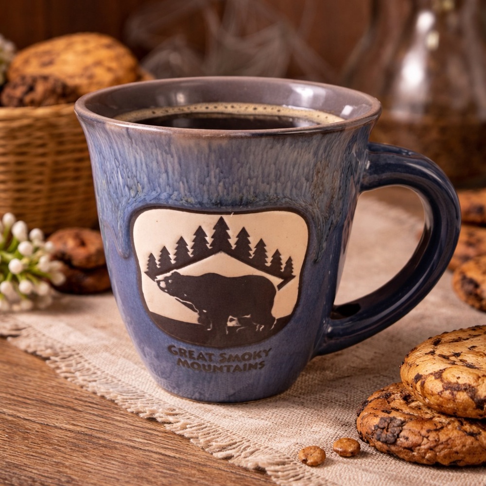Great Smoky Mountains Bear Forest Mug Blue Glazed Ceramic Coffee Cup